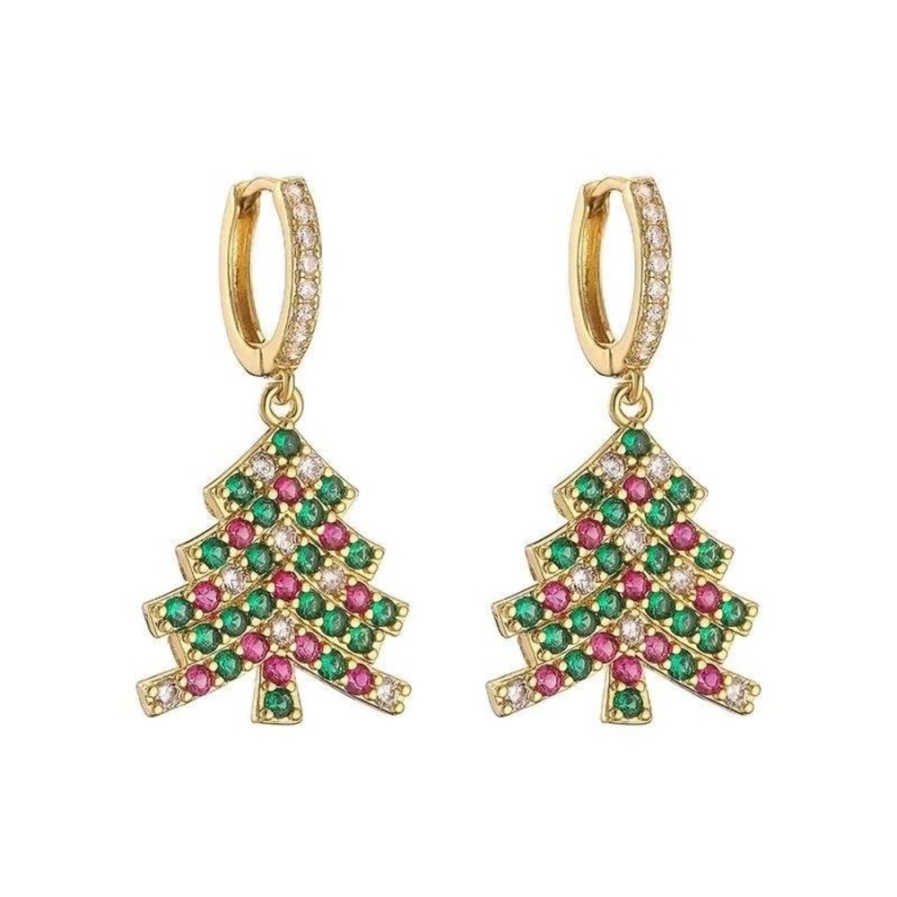 Sparkling Christmas Tree Dangle Earrings Gold Plated Zirconia Holiday